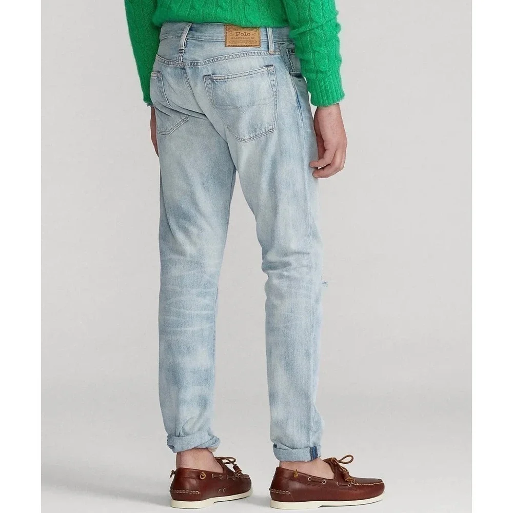 Polo Ralph Lauren Mens Varick Slim Straight Sun Faded Distressed Rope Dyed Jeans